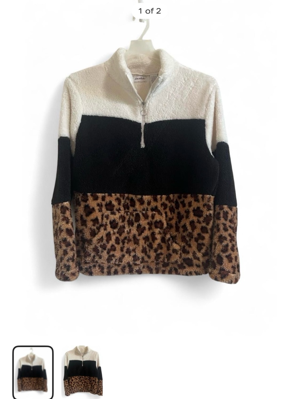 Colorblock Sherpa Pullover Sweater with Leopard Panel - White/Black/Leopard